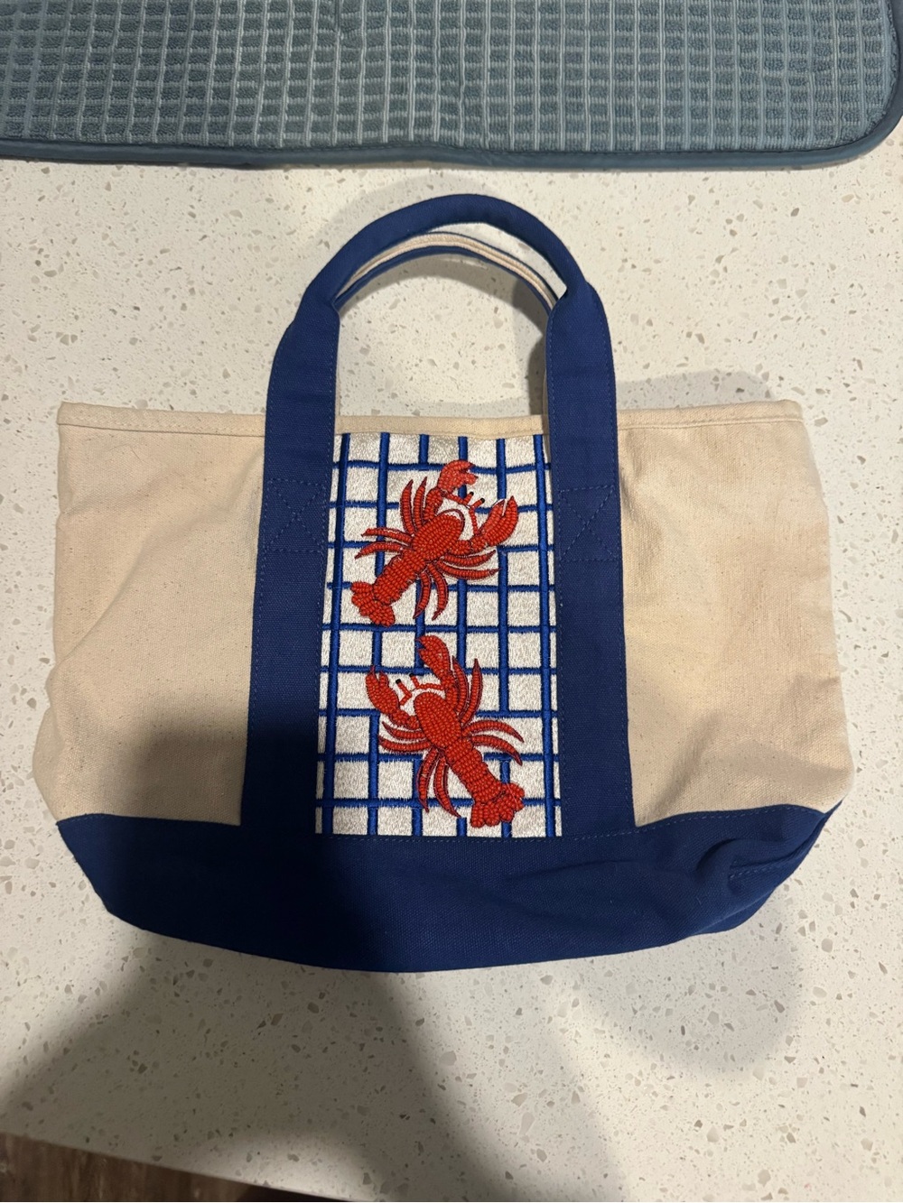 Canvas Tote Bag with Blue Trim and Red Lobster Embroidery